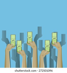 Up hands icon with money. Vector illustration for posters, banners and greeting card
