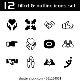 Hands icon. set of 12 hands filled and outline icons such as soap, pointing, heart tag, handshake, winner, gay couple, hand with heart