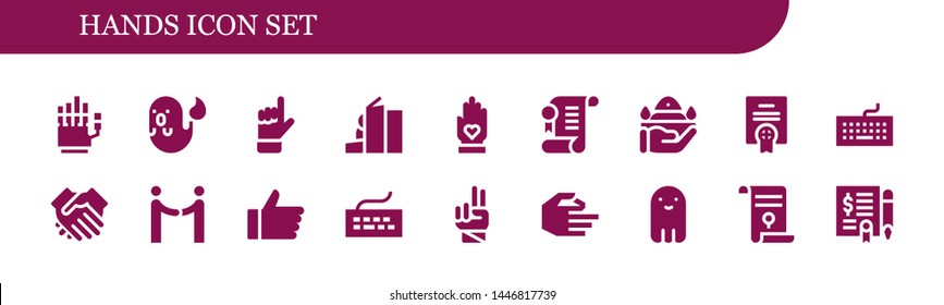 hands icon set. 18 filled hands icons.  Collection Of - Hand, Ghost, Homeless, Agreement, Pray, Keyboard, Shake hands