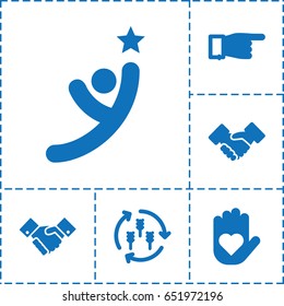 Hands icon. set of 6 hands filled icons such as harvest, pointing, handshake, winner