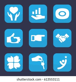 Hands icon. set of 9 filled hands icons such as soap, pointing, heart on hand, hand with heart, handshake, hand with key