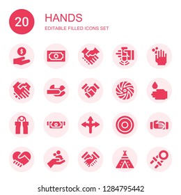 hands icon set. Collection of 20 filled hands icons included Cash, Handshake, Shake, WASHING HANDS, Hands, Frisbee, Grip, Agreement, Hand shake, Tipi, Hand grip
