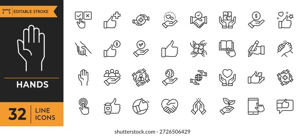 Conjunto de iconos de manos. Contiene mano, gesto, apretón de manos, palmadas, cuernos, pulgar hacia arriba, dedo y más. Trazo editable. Ilustración vectorial