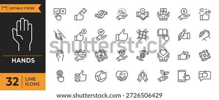Hands icon set. Containing hand, gesture, handshake, clapping hands, horns, thumb up, finger, and more. Editable stroke. Vector illustration