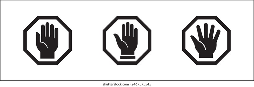 Hands icon set. Hand stop signs. Palm hand inside polygon sign. Raise hand sign. Hands gesture symbol. Vector graphic design illustration isolated in white background.