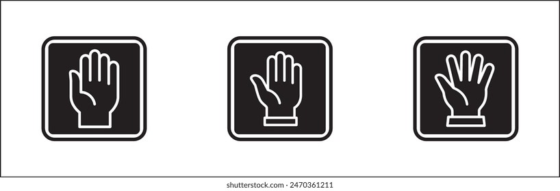 Hands icon set. Hand stop signs. Palm hand inside square sign. Raise hand sign. Hands gesture symbol. Vector graphic design illustration isolated in white background.