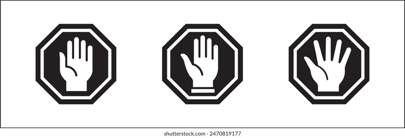 Hands icon set. Hand stop signs. Palm hand inside polygon sign. Raise hand sign. Hands gesture symbol. Vector graphic design illustration isolated in white background.