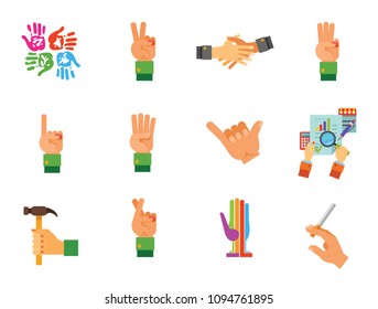 Hands Icon Set. Handprints Hand With Hammer Writing Three Fingers Up Cross Fingers Four Fingers Up Hand With Cigarette Finger Up Victory Gesture Colored Palm Drink Gesture Business Hands Handshake