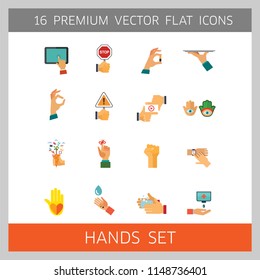 Hands icon set. Handshake, fist up, coffee to go, washing hands. Gesturing concept. Can be used for topics like communication, app design, hobby, lifestyle