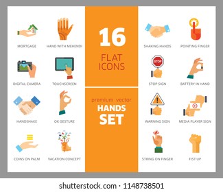 Hands icon set. Handshake, fist up, coffee to go, washing hands. Gesturing concept. Can be used for topics like communication, app design, hobby, lifestyle