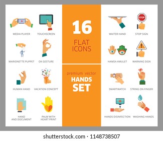 Hands icon set. Handshake, fist up, coffee to go, washing hands. Gesturing concept. Can be used for topics like communication, app design, hobby, lifestyle