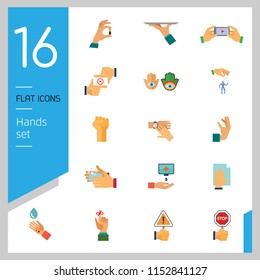 Hands icon set. Handshake, fist up, coffee to go, washing hands. Gesturing concept. Can be used for topics like communication, app design, hobby, lifestyle