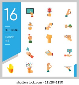 Hands icon set. Handshake, fist up, coffee to go, washing hands. Gesturing concept. Can be used for topics like communication, app design, hobby, lifestyle