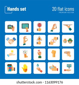 Hands icon set. Handshake, fist up, coffee to go, washing hands. Gesturing concept. Can be used for topics like communication, app design, hobby, lifestyle