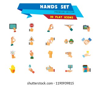 Hands icon set. Handshake, fist up, coffee to go, washing hands. Gesturing concept. Can be used for topics like communication, app design, hobby, lifestyle