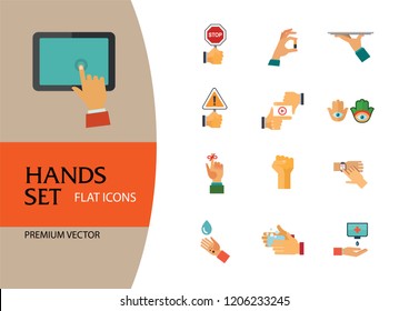 Hands icon set. Handshake, fist up, coffee to go, washing hands. Gesturing concept. Can be used for topics like communication, app design, hobby, lifestyle