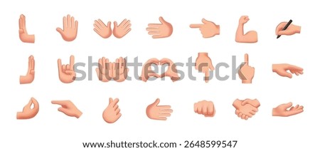 Hands Icon Set. Handshake, hello, bicep, fist, heart and peace emojis and stickers. Different gestures. Design for social networks. Cartoon 3D vector illustration collection isolated on background