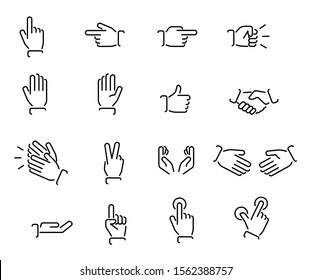 Hands icon set in outline design. Hand gesture. Vector illustration, clip art.