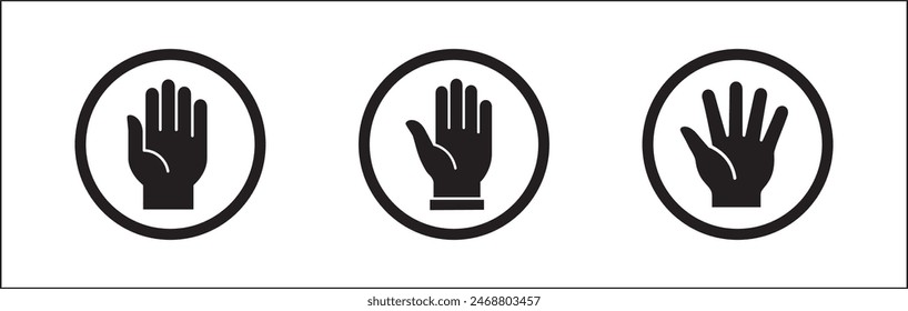 Conjunto de iconos de manos. La mano de la palma dentro del círculo. Levante la señal de mano. Símbolo de gesto de manos. Ilustración de Diseño gráfico de Vector aislado en fondo blanco.