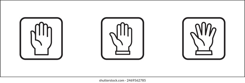 Conjunto de iconos de manos. Palm mano dentro de signo cuadrado. Levante la señal de mano. Símbolo de gesto de manos. Ilustración de Diseño gráfico de Vector aislado en fondo blanco.