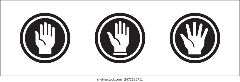 Hands icon set. Palm hand inside circle sign. Raise hand sign. Hands gesture symbol. Vector graphic design illustration isolated in white background.