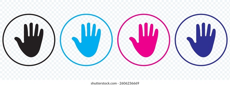 Hands icon set. Palm hand inside circle sign. Raise hand sign. Hands gesture symbol. Vector graphic design illustration isolated in white background.