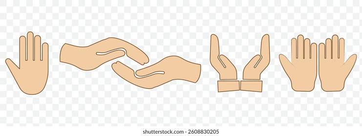 Hands icon set. Palm hand inside circle sign. Raise hand sign. Hands gesture symbol. Vector graphic design illustration isolated on Transparent background. EPS 10.
