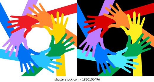 Hands Icon Set. Rainbow Colors. Volunteer Logo. United Emblem. Solidarity Insignia. Vector Illustration.