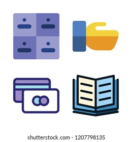 hands icon set. vector set about ebook, hand shake, drawers and credit card icons set.