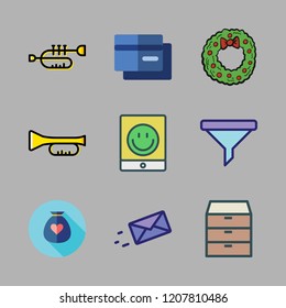 hands icon set. vector set about drawers, credit card, trumpet and filter icons set.