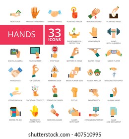 Hands Icon Set.  Vector flat design. Icon for presentation, training, marketing, design, web. Can be used for creative template, logo, sign, craft. Isolated on white background.