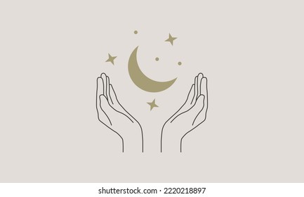 Hands icon. Woman simple line hands with moon and stars. Beauty, Magic logo design. Vector illustration