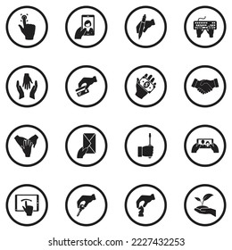 Hands Icons. Black Flat Design In Circle. Vector Illustration.
