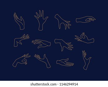 Hands icons drawing in flat style with brown lines on blue background