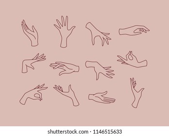 Hands icons drawing in flat style on pink brown background