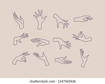 Hands icons drawing in flat style with black lines on beige background