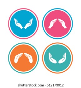 Hands icons. Insurance protection signs. Human helping donation hands. Prayer meditation hands sybmols. Colored circle buttons. Vector
