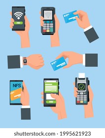 hands with icons of online payments