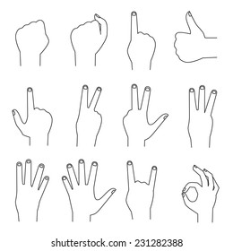 Hands icons outlines, counting fingers, ok gesture, devils horn