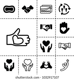 Hands icons. set of 13 editable filled and outline hands icons such as harvest, heart on hand, heart tag, handshake, hand with heart, card, winner