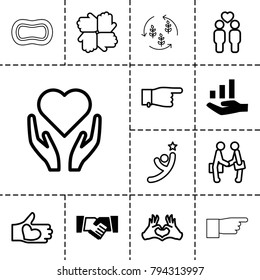 Hands icons. set of 13 editable outline hands icons such as handshake, graph on hand, pointing, hand with heart, gay couple, heart tag, winner, harvest
