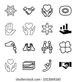 Hands icons. set of 16 editable outline hands icons such as handshake, graph on hand, soap, hand with heart, heart tag, card, winner