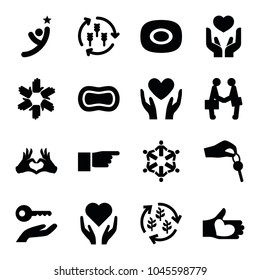 Hands icons. set of 16 editable filled hands icons such as harvest, soap, hand with heart, heart tag, hand with key, key on hand, winner, pointing