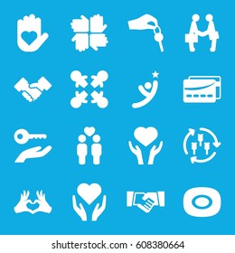 Hands icons set. set of 16 hands filled icons such as harvest, soap, heart on hand, gay couple, heart tag, businessman shaking hands, hand with key, card, key on hand, winner