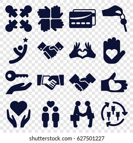 Hands icons set. set of 16 hands filled icons such as harvest, gay couple, heart tag, hand with heart, handshake, hand with key, card, key on hand, winner