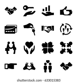 Hands icons set. set of 16 hands filled icons such as harvest, pointing, gay couple, heart tag, hand with heart, handshake, hand with key, card, graph on hand
