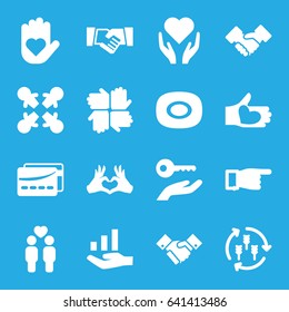 Hands icons set. set of 16 hands filled icons such as harvest, soap, pointing, gay couple, heart tag, hand with heart, handshake, card, graph on hand, key on hand