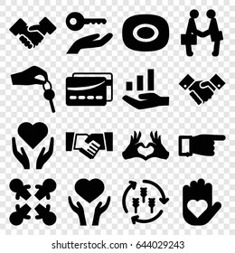 Hands icons set. set of 16 hands filled icons such as harvest, soap, pointing, heart on hand, heart tag, handshake, businessman shaking hands, hand with key, card