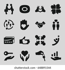 Hands icons set. set of 16 hands filled icons such as harvest, soap, gay couple, heart tag, hand with heart, handshake, hand with key, card, graph on hand, winner