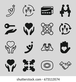 Hands icons set. set of 16 hands filled and outline icons such as harvest, heart on hand, businessman shaking hands, card, key on hand, winner, soap, heart tag, handshake